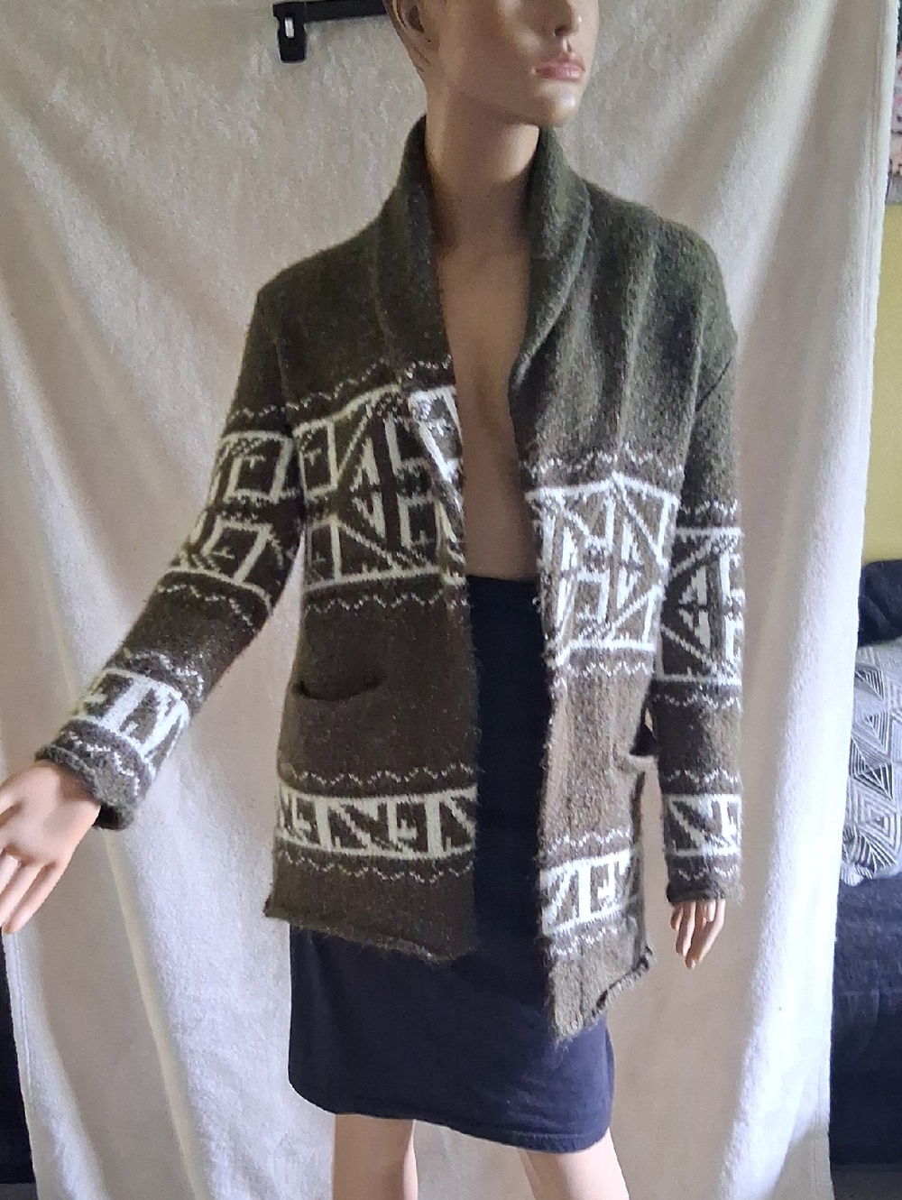 Kersh Olive Knit Open Cardigan with Cream Accents